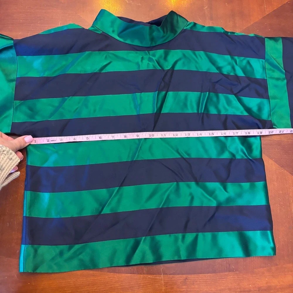 Agnes B Paris | Size 2 | Green Navy Blue Striped | Mock Neck Blouse Boxy Top - Picture 6 of 11